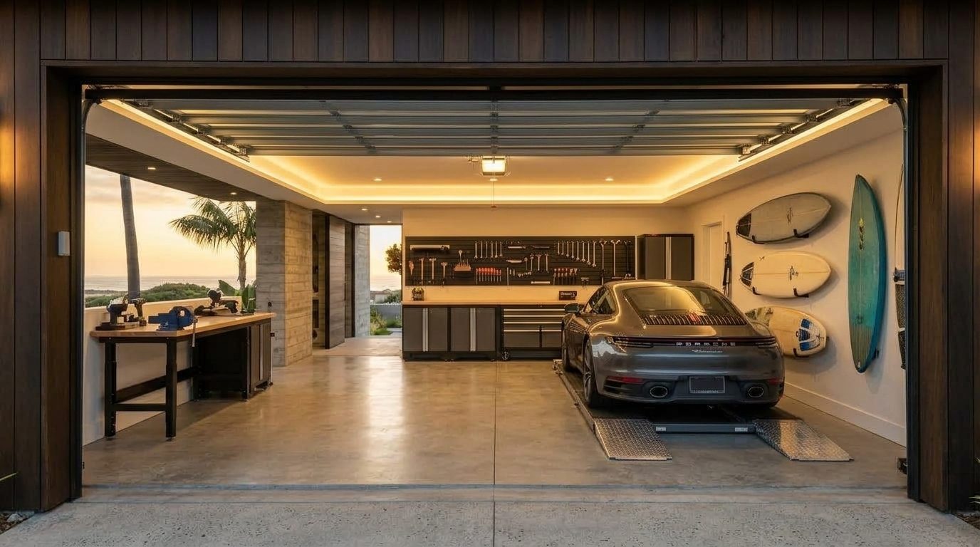 Anderson and Taylor Garage Door Service Interior View of Custom Garage Door Overhead and Workshop